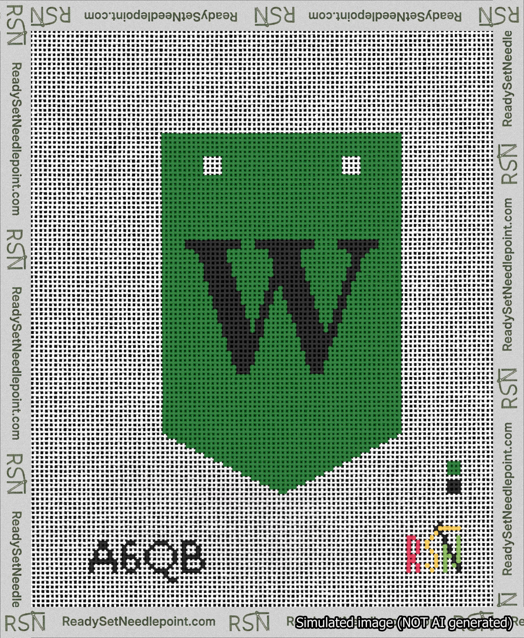A taped needlepoint canvas with the design: Banner 13 mesh count Pointed W Black on Green.