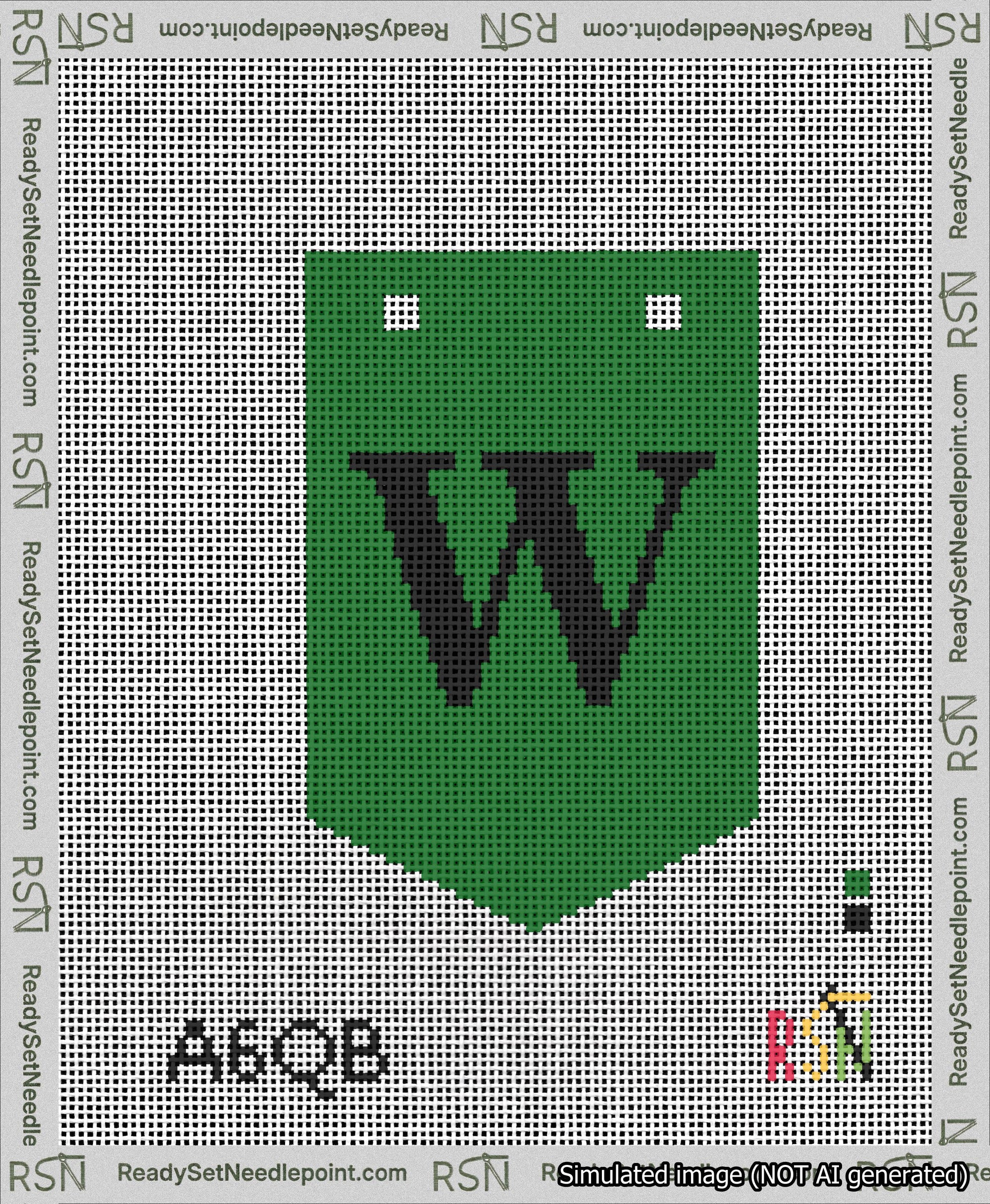 A taped needlepoint canvas with the design: Banner 13 mesh count Pointed W Black on Green.