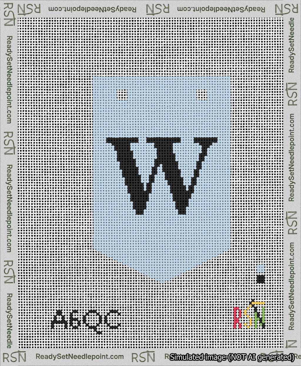 A taped needlepoint canvas with the design: Banner 13 mesh count Pointed W Black on Light Blue.