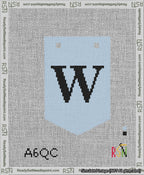 A taped needlepoint canvas with the design: Banner 13 mesh count Pointed W Black on Light Blue.