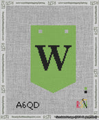 A taped needlepoint canvas with the design: Banner 13 mesh count Pointed W Black on Light Green.