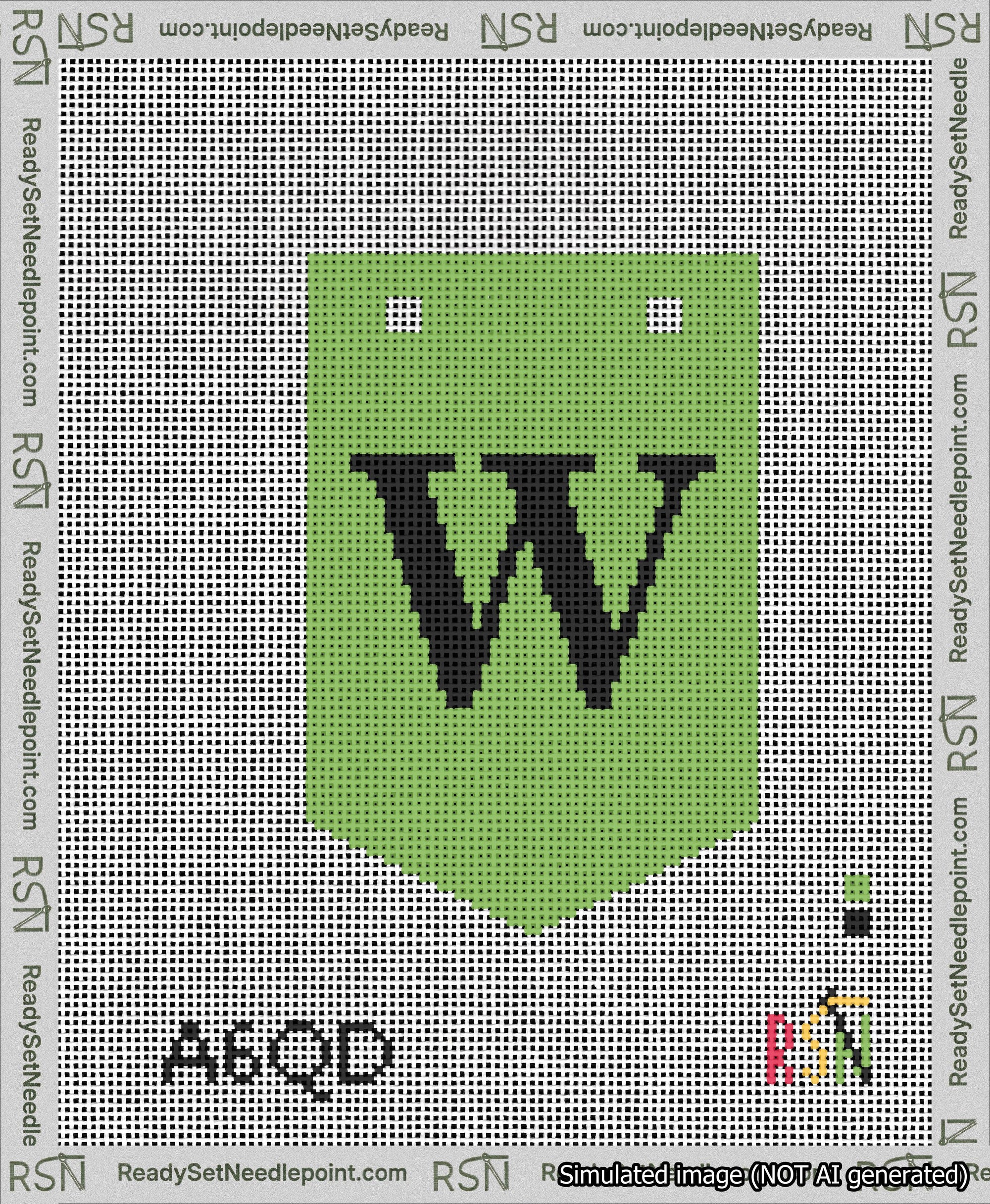 A taped needlepoint canvas with the design: Banner 13 mesh count Pointed W Black on Light Green.