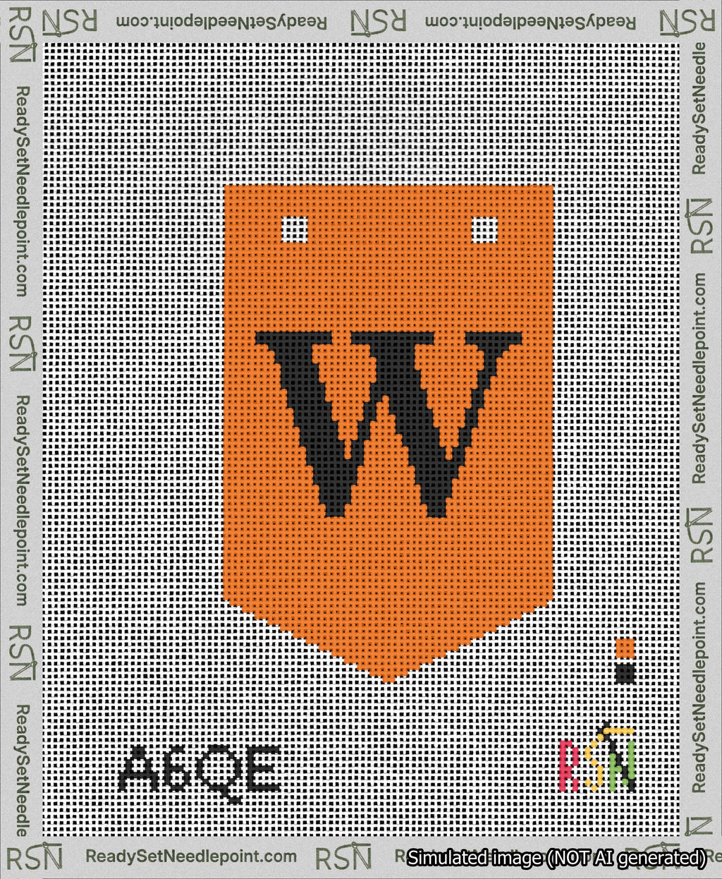 A taped needlepoint canvas with the design: Banner 13 mesh count Pointed W Black on Orange.