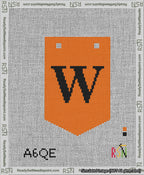 A taped needlepoint canvas with the design: Banner 13 mesh count Pointed W Black on Orange.
