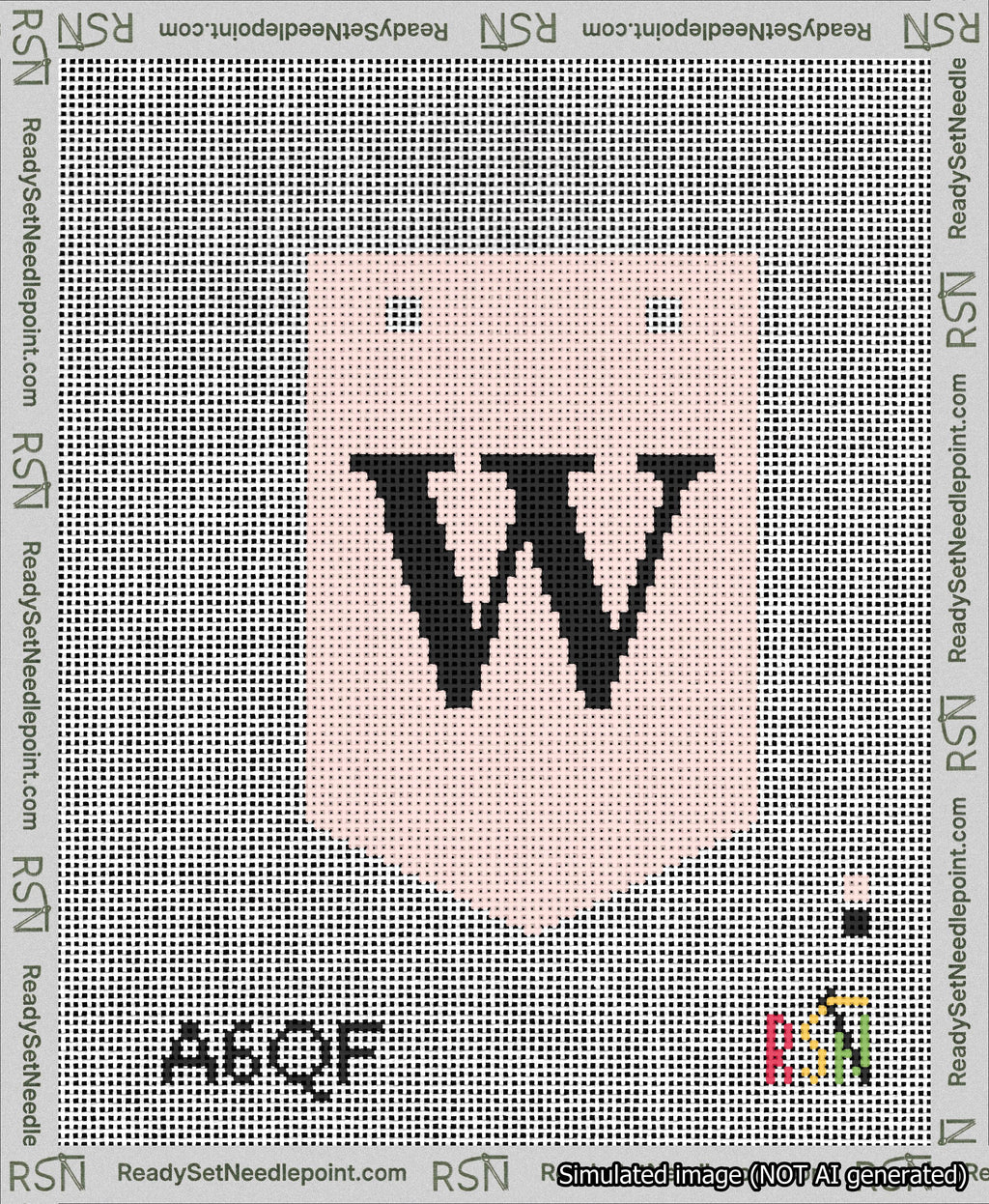 A taped needlepoint canvas with the design: Banner 13 mesh count Pointed W Black on Pink.
