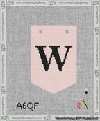 A taped needlepoint canvas with the design: Banner 13 mesh count Pointed W Black on Pink.