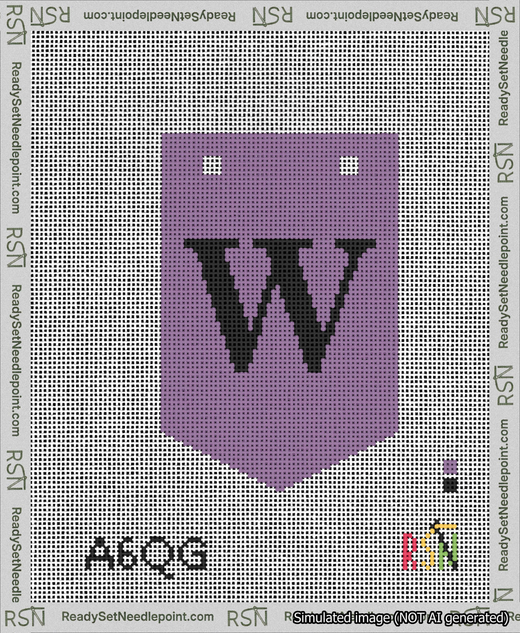 A taped needlepoint canvas with the design: Banner 13 mesh count Pointed W Black on Purple.