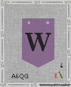 A taped needlepoint canvas with the design: Banner 13 mesh count Pointed W Black on Purple.
