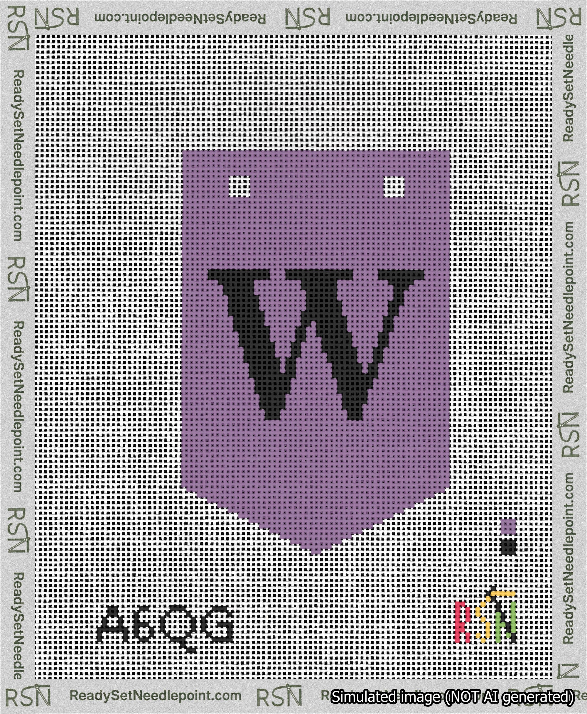A taped needlepoint canvas with the design: Banner 13 mesh count Pointed W Black on Purple.