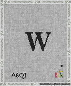 A taped needlepoint canvas with the design: Banner 13 mesh count Pointed W Black on White.