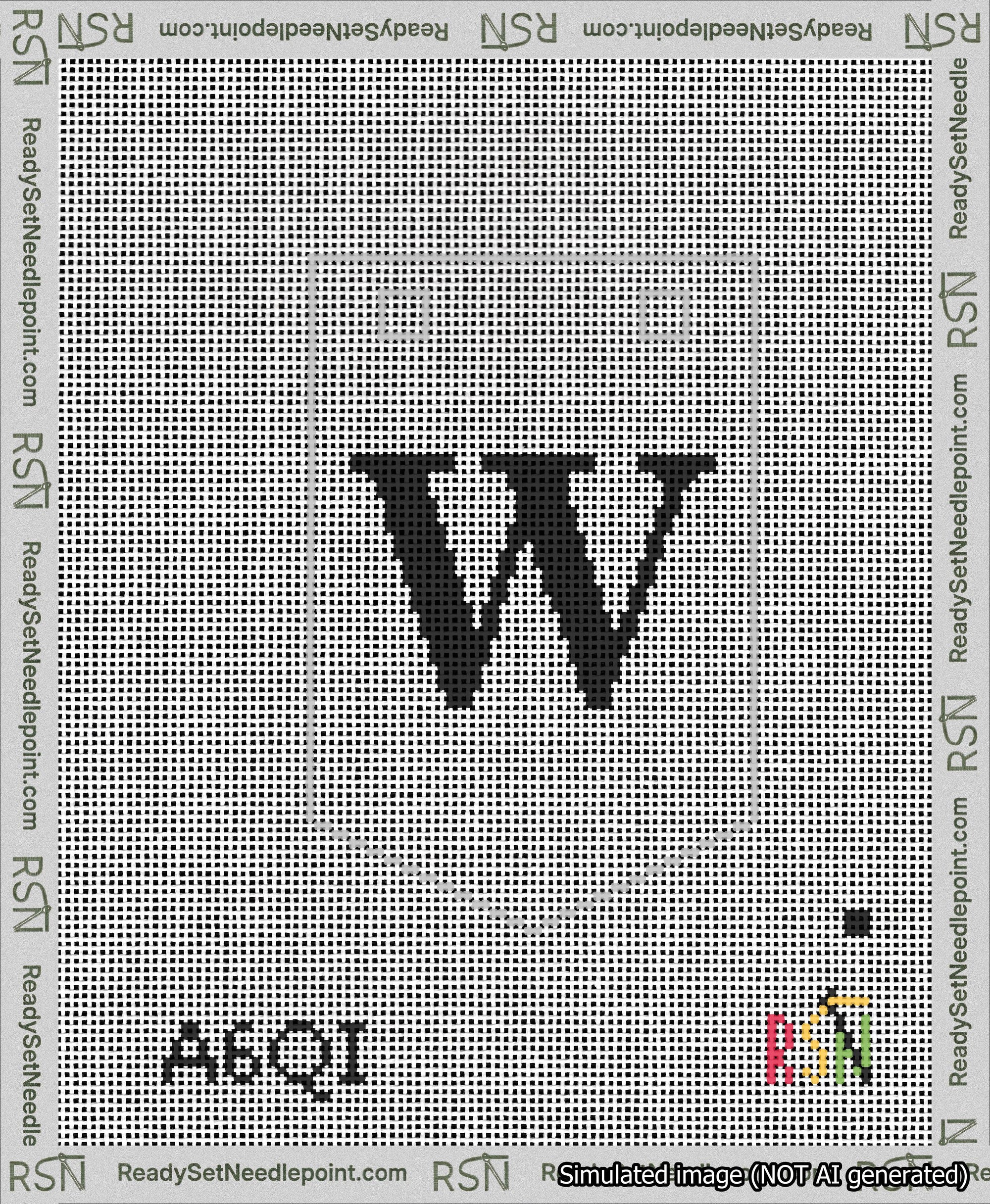 A taped needlepoint canvas with the design: Banner 13 mesh count Pointed W Black on White.