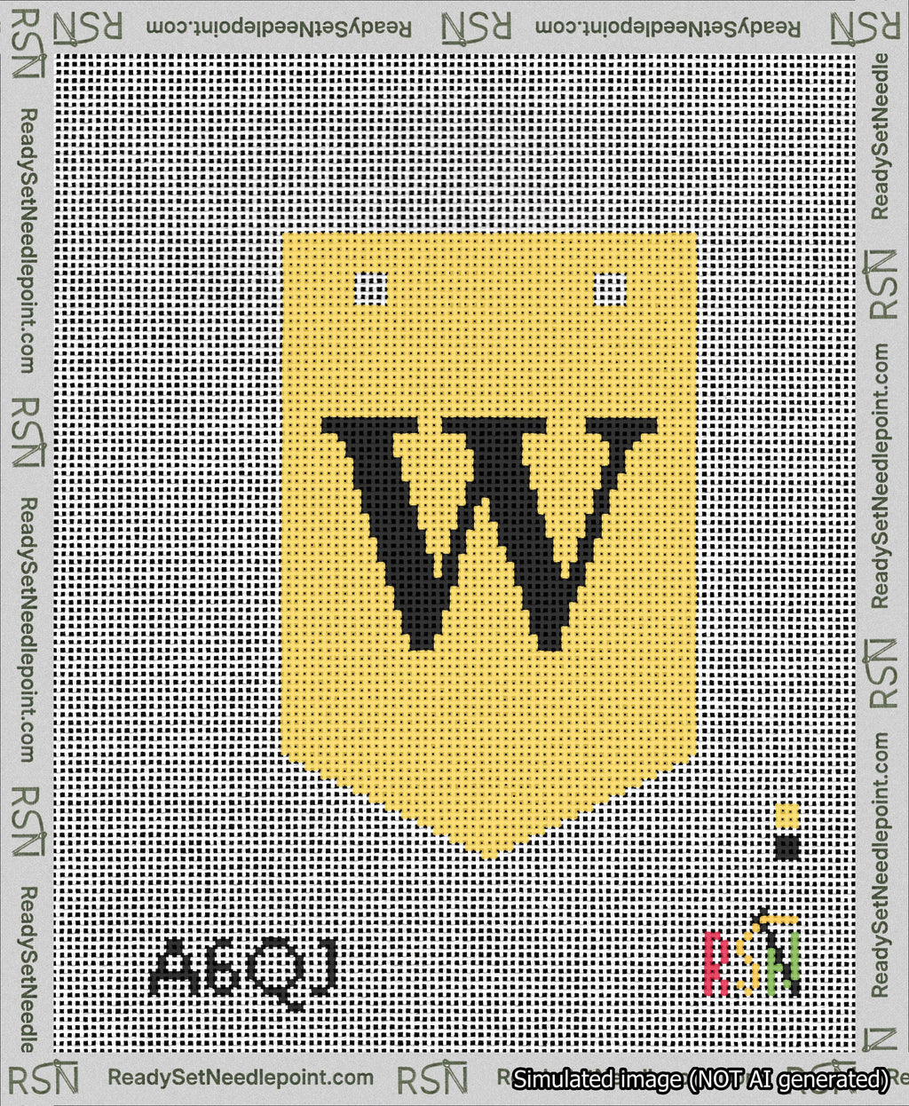A taped needlepoint canvas with the design: Banner 13 mesh count Pointed W Black on Yellow.