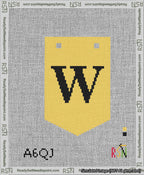 A taped needlepoint canvas with the design: Banner 13 mesh count Pointed W Black on Yellow.