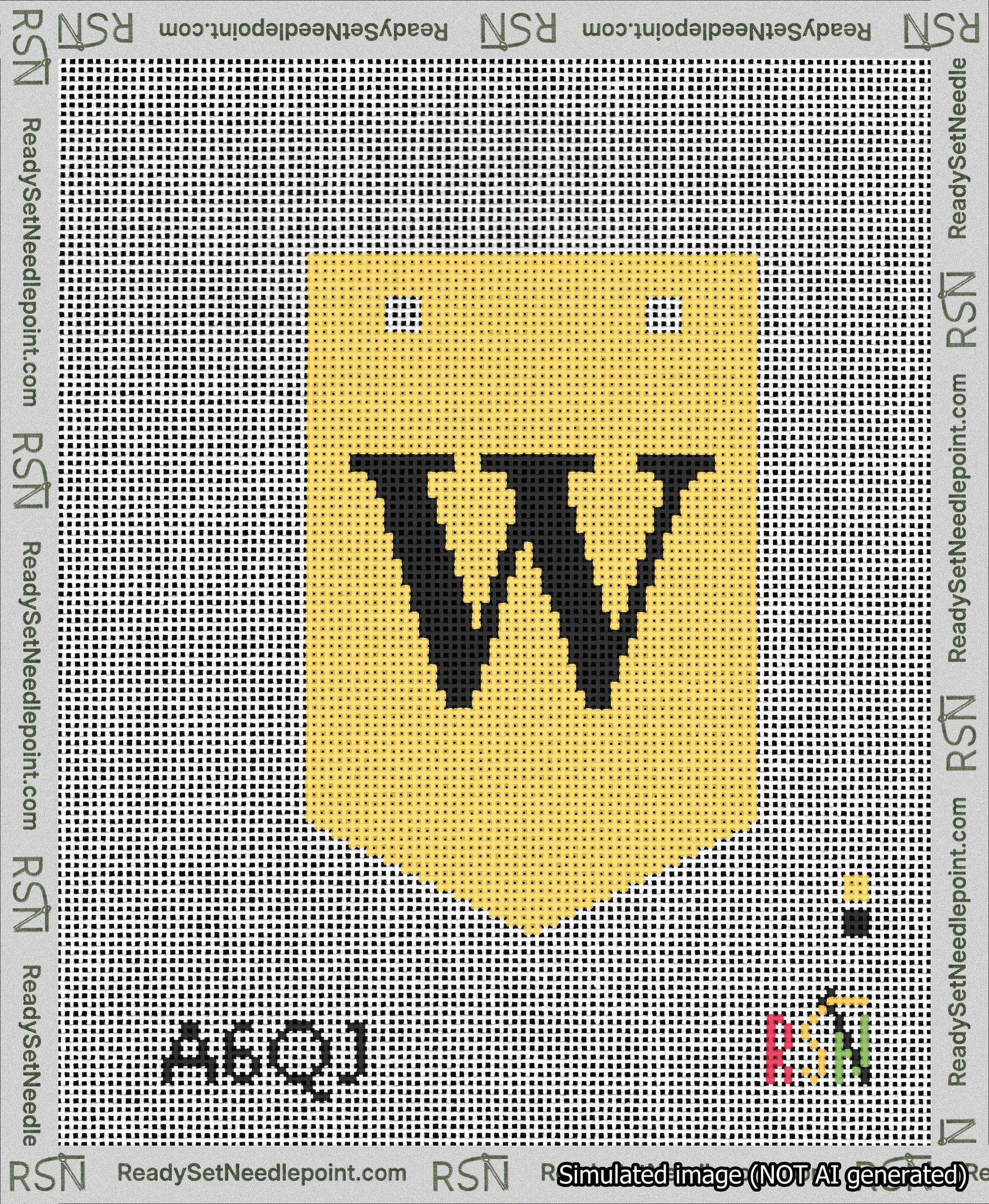A taped needlepoint canvas with the design: Banner 13 mesh count Pointed W Black on Yellow.