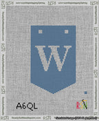 A taped needlepoint canvas with the design: Banner 13 mesh count Pointed W White on Blue.