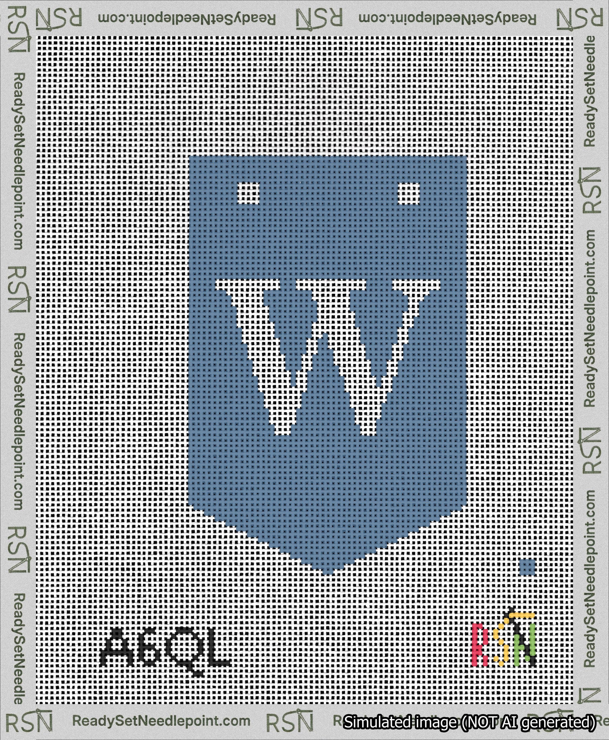 A taped needlepoint canvas with the design: Banner 13 mesh count Pointed W White on Blue.