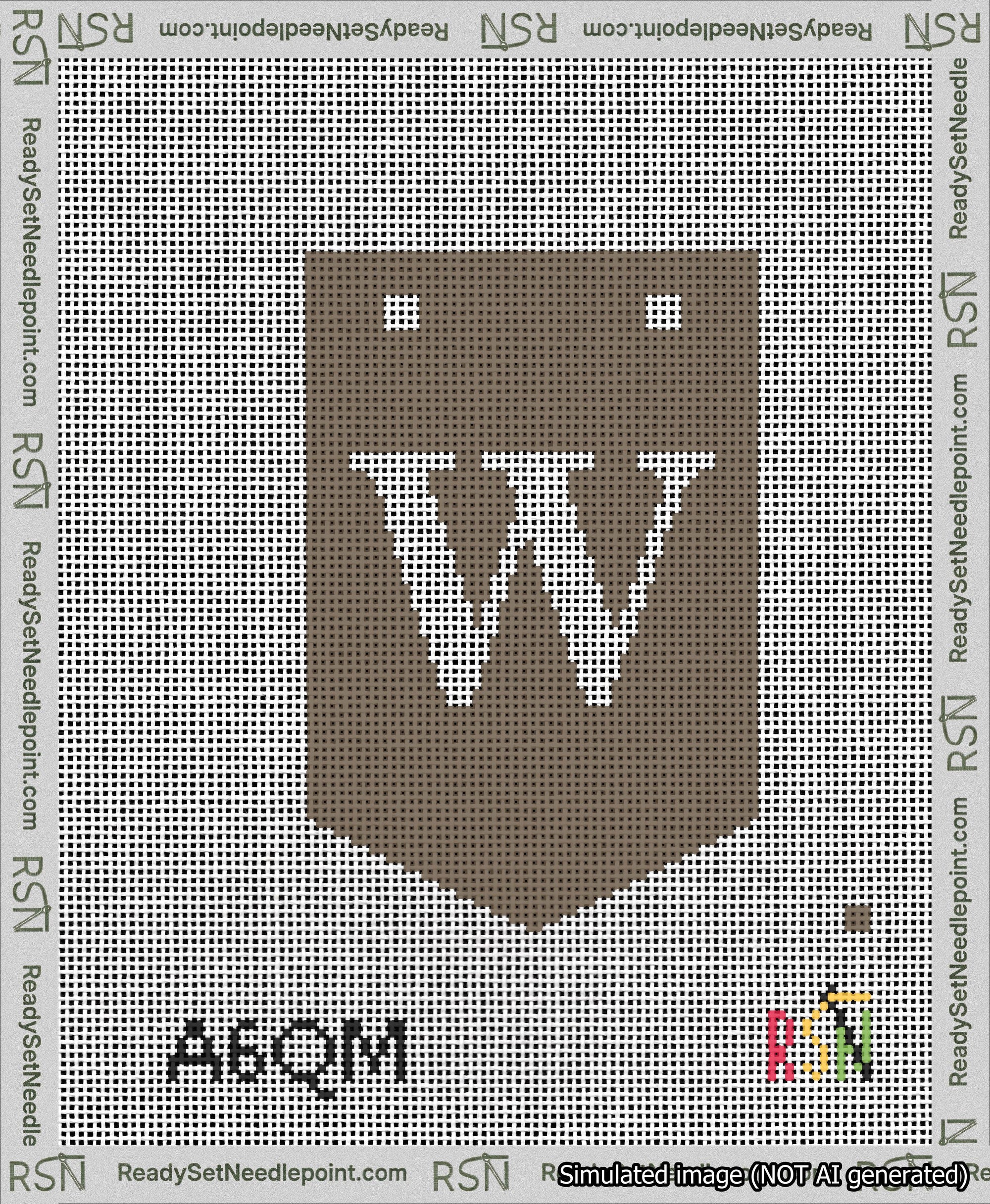 A taped needlepoint canvas with the design: Banner 13 mesh count Pointed W White on Brown.
