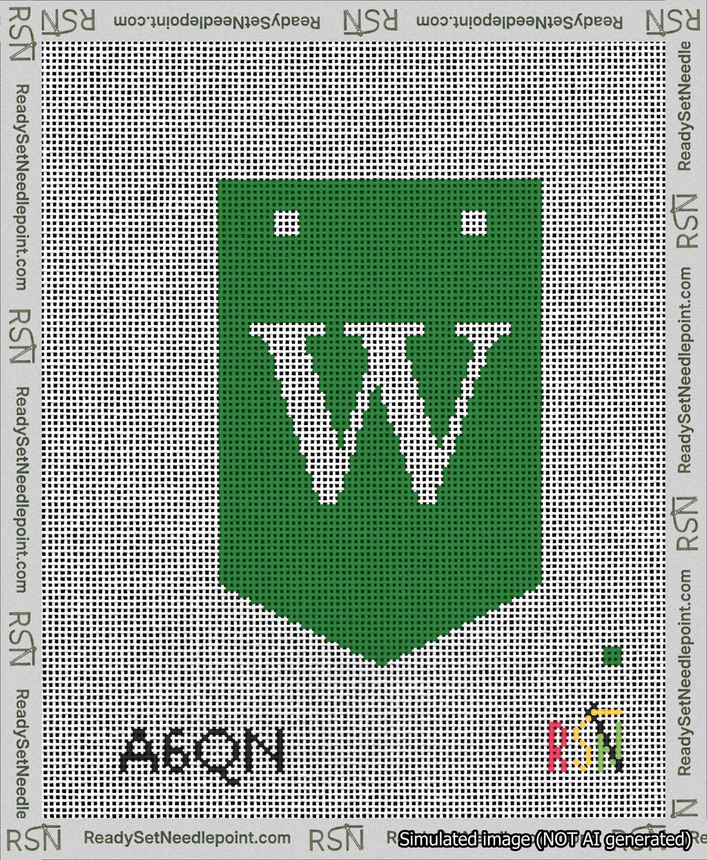 A taped needlepoint canvas with the design: Banner 13 mesh count Pointed W White on Green.