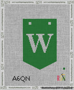 A taped needlepoint canvas with the design: Banner 13 mesh count Pointed W White on Green.