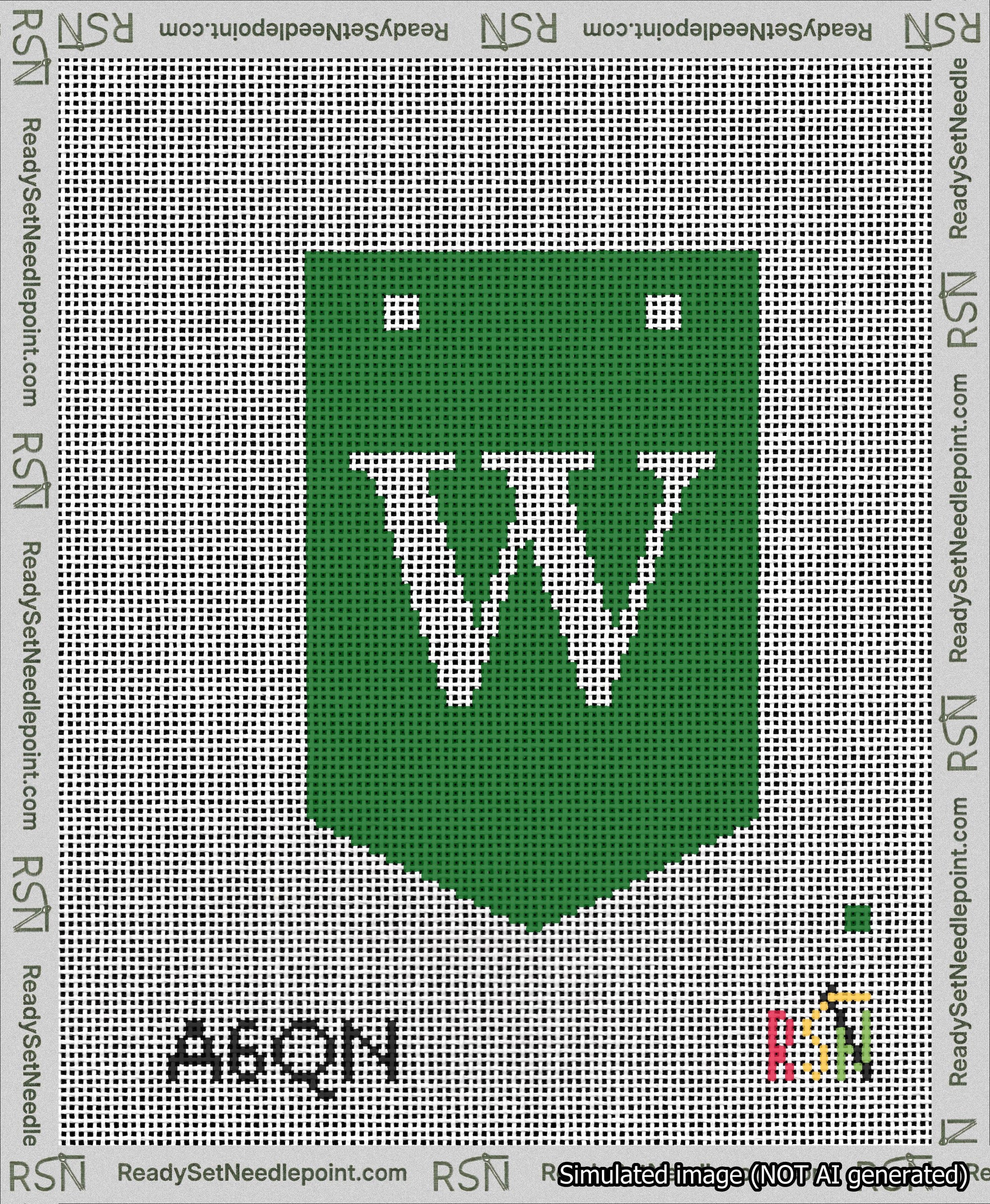 A taped needlepoint canvas with the design: Banner 13 mesh count Pointed W White on Green.