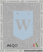 A taped needlepoint canvas with the design: Banner 13 mesh count Pointed W White on Light Blue.