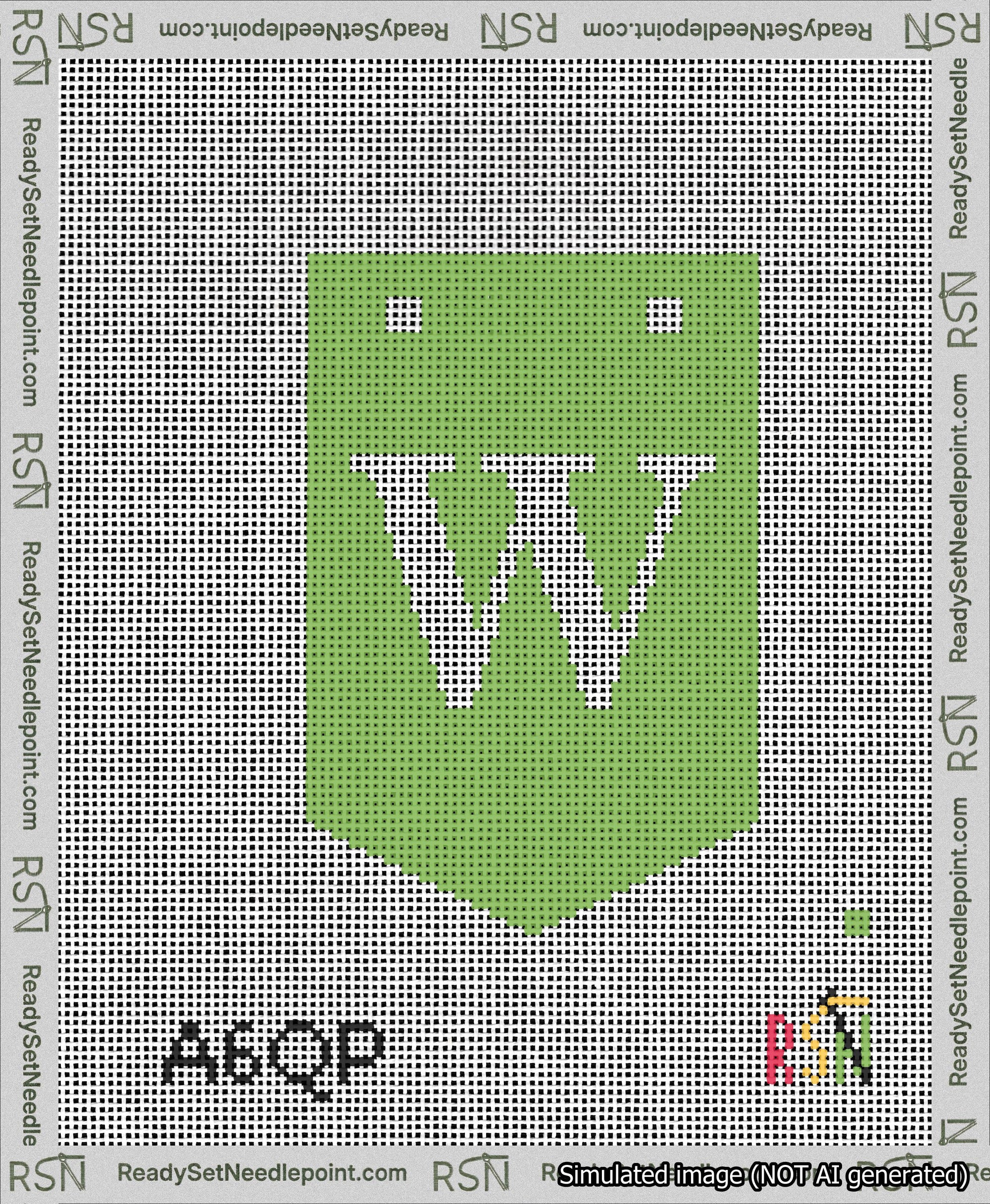 A taped needlepoint canvas with the design: Banner 13 mesh count Pointed W White on Light Green.