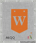 A taped needlepoint canvas with the design: Banner 13 mesh count Pointed W White on Orange.