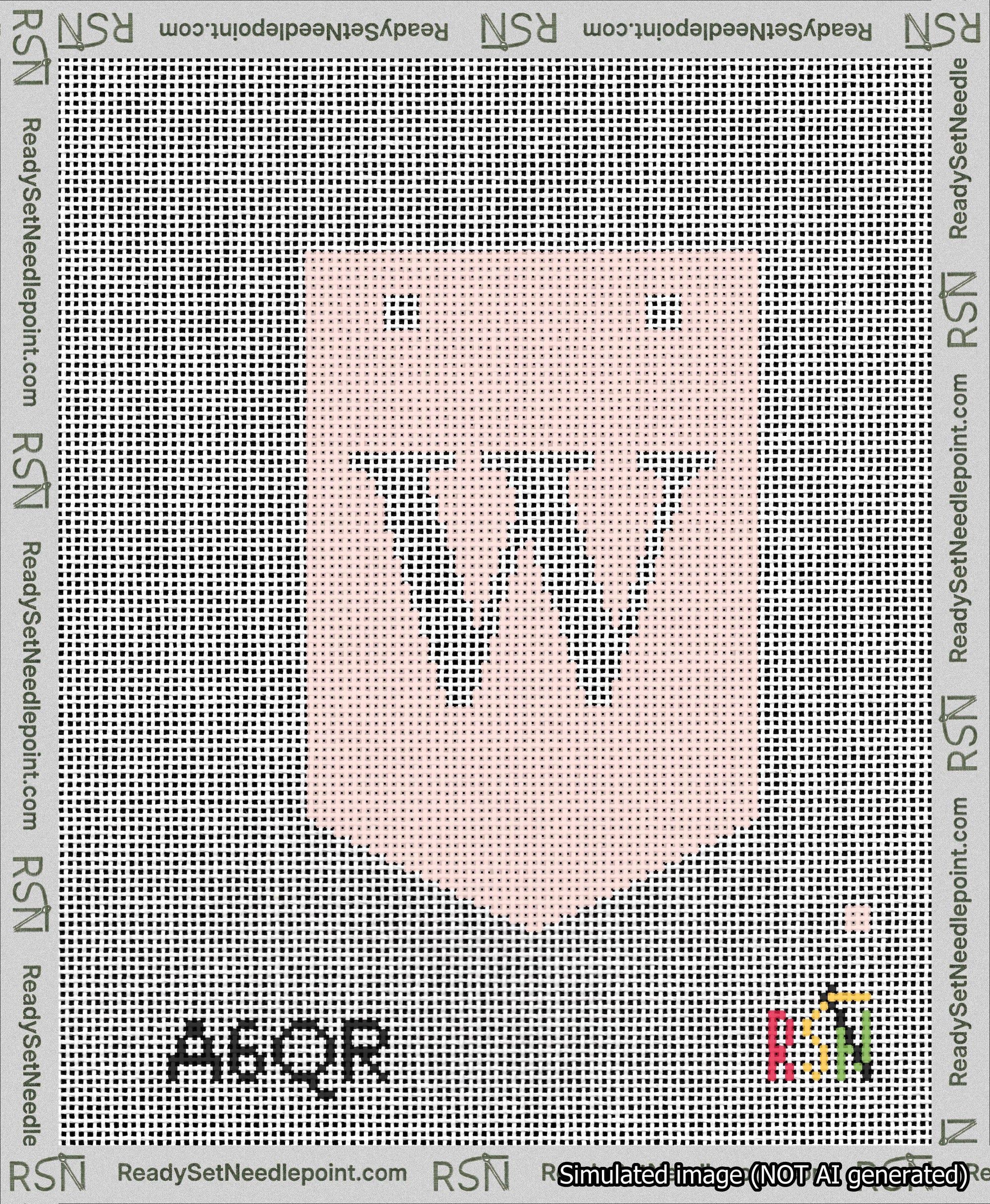 A taped needlepoint canvas with the design: Banner 13 mesh count Pointed W White on Pink.