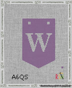 A taped needlepoint canvas with the design: Banner 13 mesh count Pointed W White on Purple.