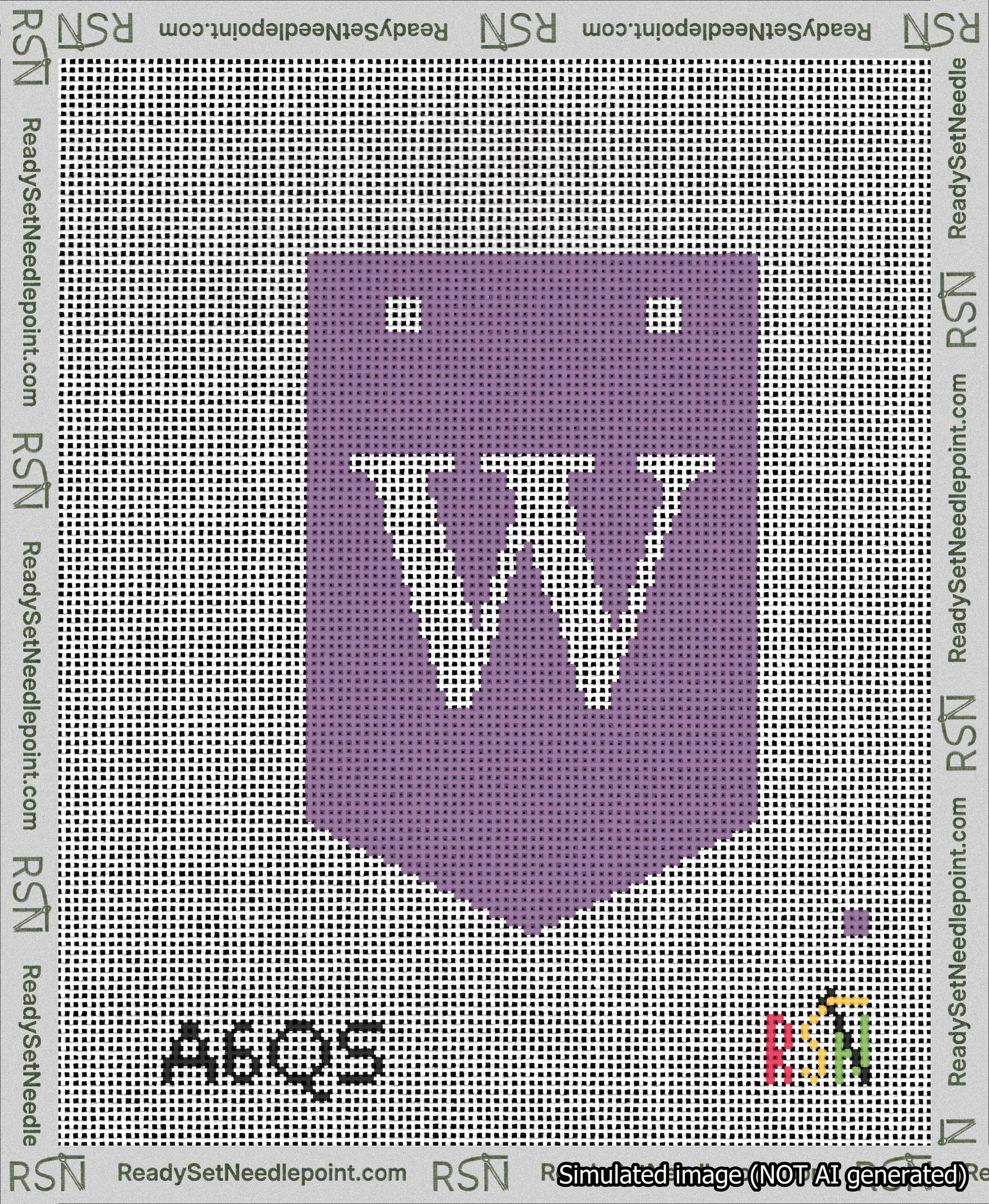 A taped needlepoint canvas with the design: Banner 13 mesh count Pointed W White on Purple.