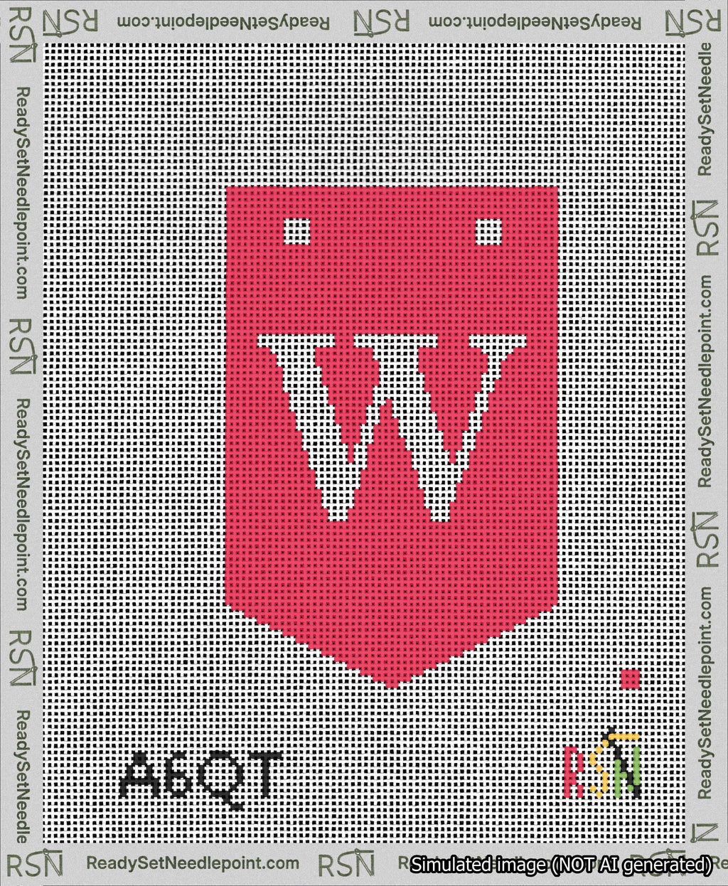 A taped needlepoint canvas with the design: Banner 13 mesh count Pointed W White on Red.