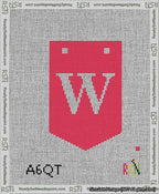 A taped needlepoint canvas with the design: Banner 13 mesh count Pointed W White on Red.