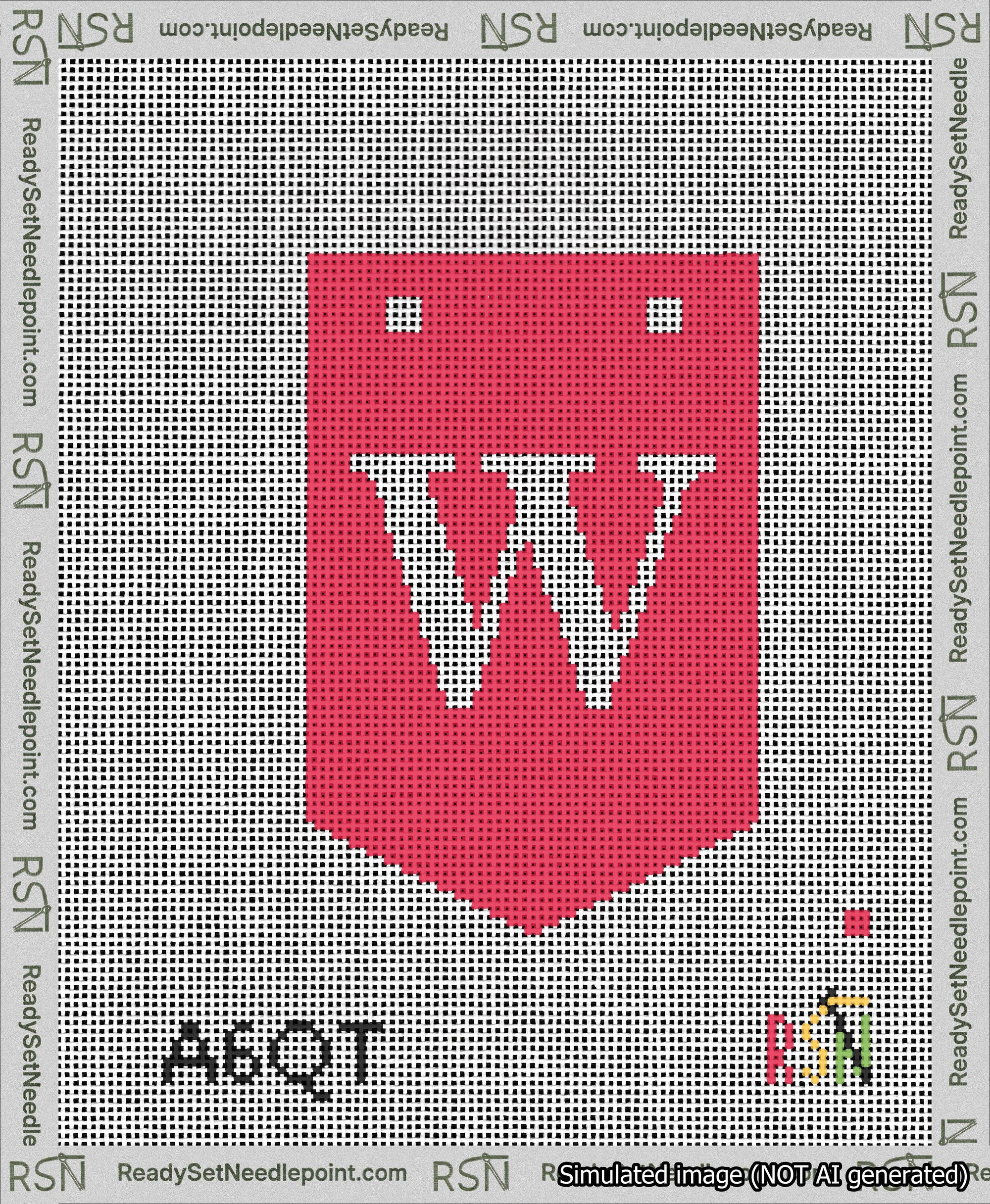 A taped needlepoint canvas with the design: Banner 13 mesh count Pointed W White on Red.