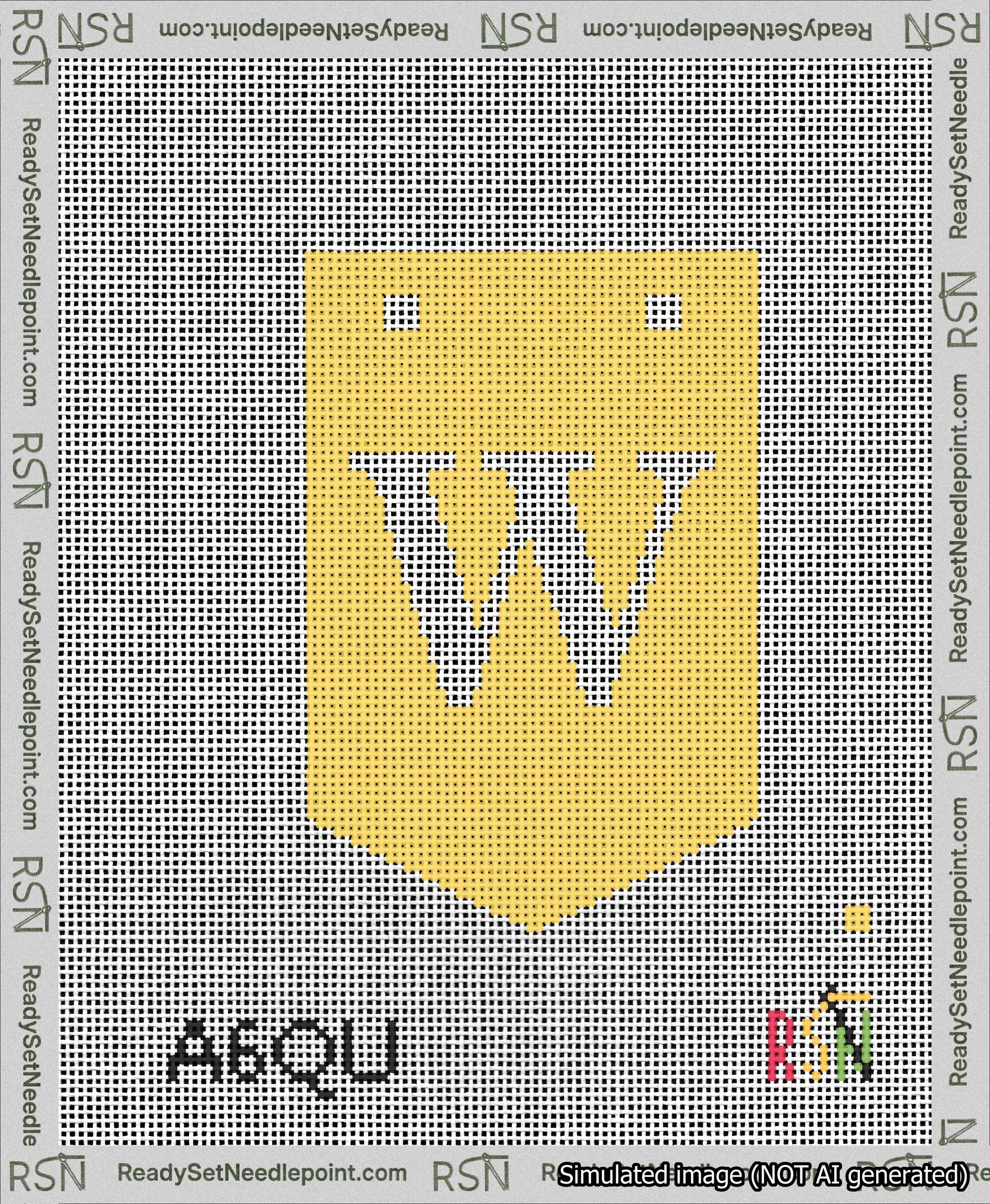 A taped needlepoint canvas with the design: Banner 13 mesh count Pointed W White on Yellow.