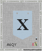 A taped needlepoint canvas with the design: Banner 13 mesh count Pointed X Black on Light Blue.