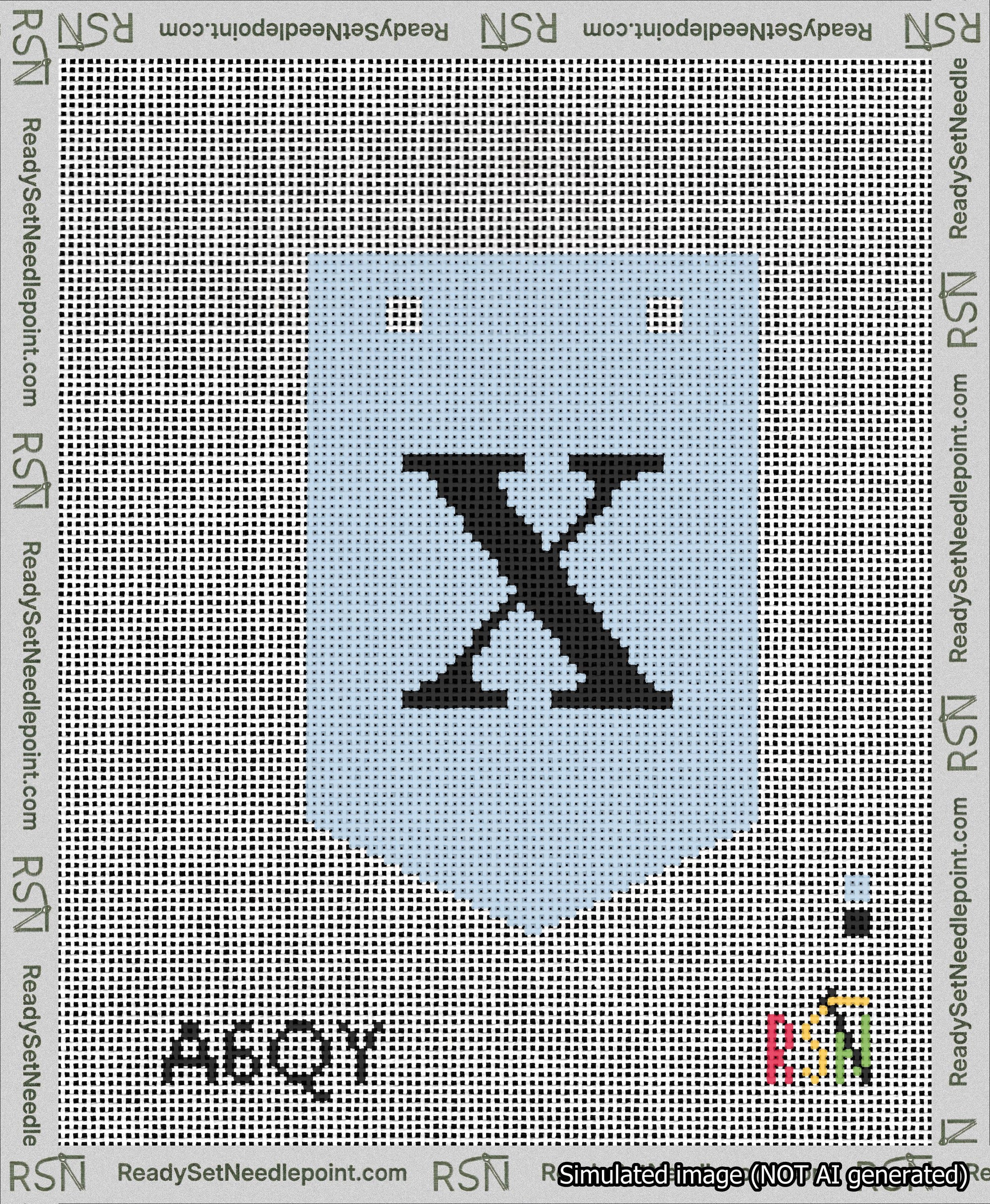 A taped needlepoint canvas with the design: Banner 13 mesh count Pointed X Black on Light Blue.