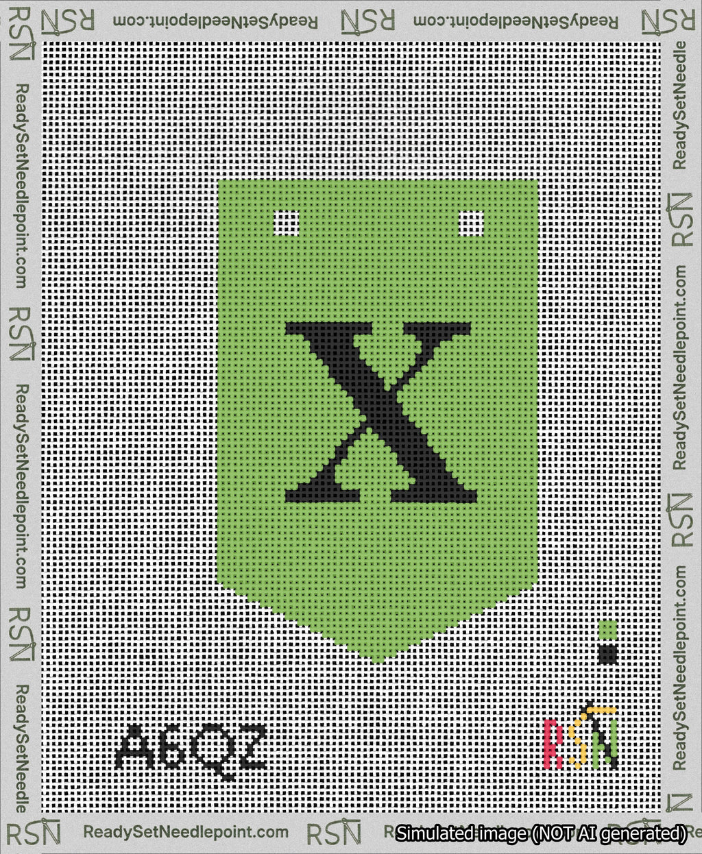 A taped needlepoint canvas with the design: Banner 13 mesh count Pointed X Black on Light Green.