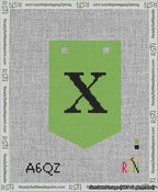 A taped needlepoint canvas with the design: Banner 13 mesh count Pointed X Black on Light Green.