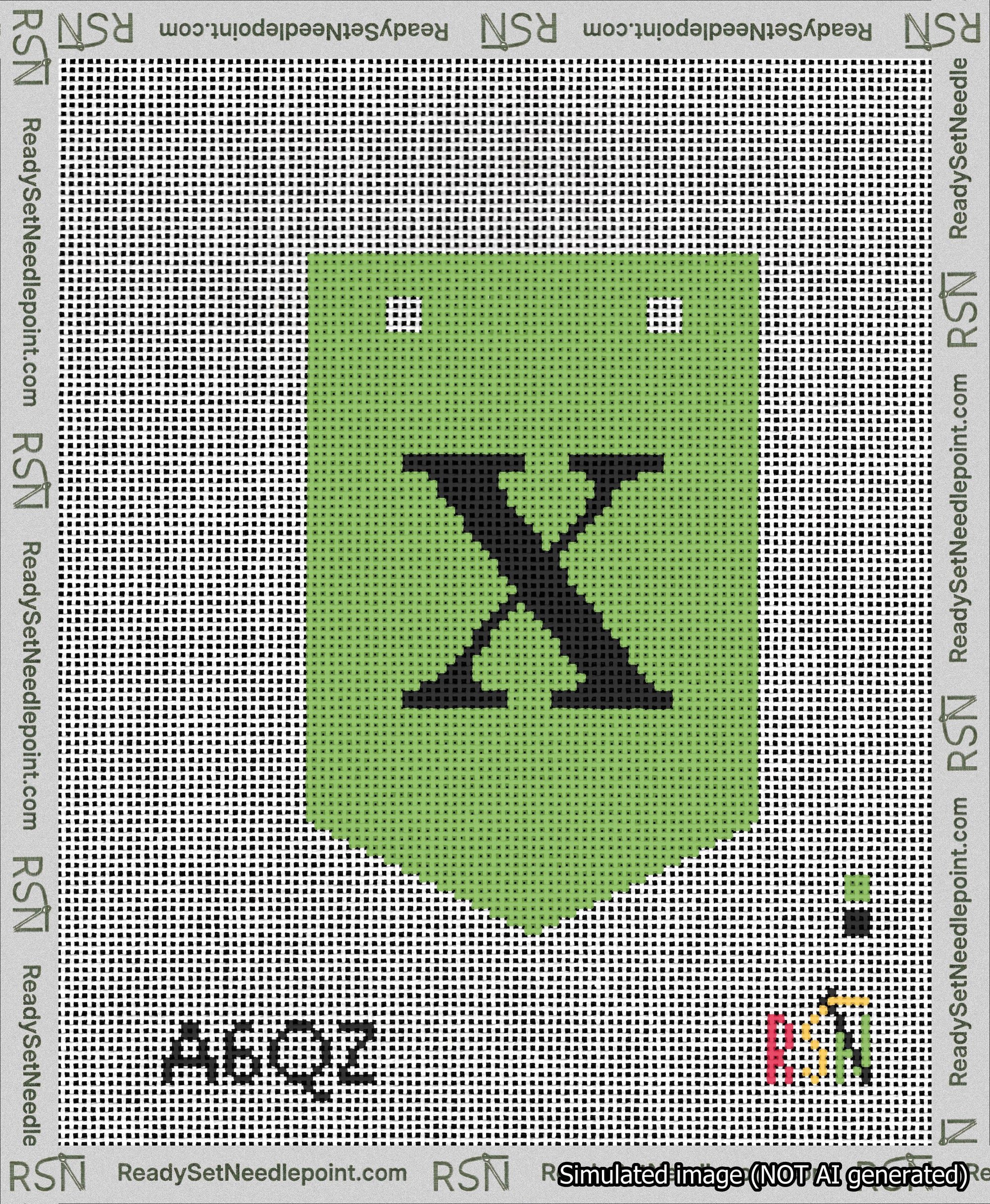 A taped needlepoint canvas with the design: Banner 13 mesh count Pointed X Black on Light Green.