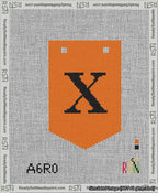 A taped needlepoint canvas with the design: Banner 13 mesh count Pointed X Black on Orange.