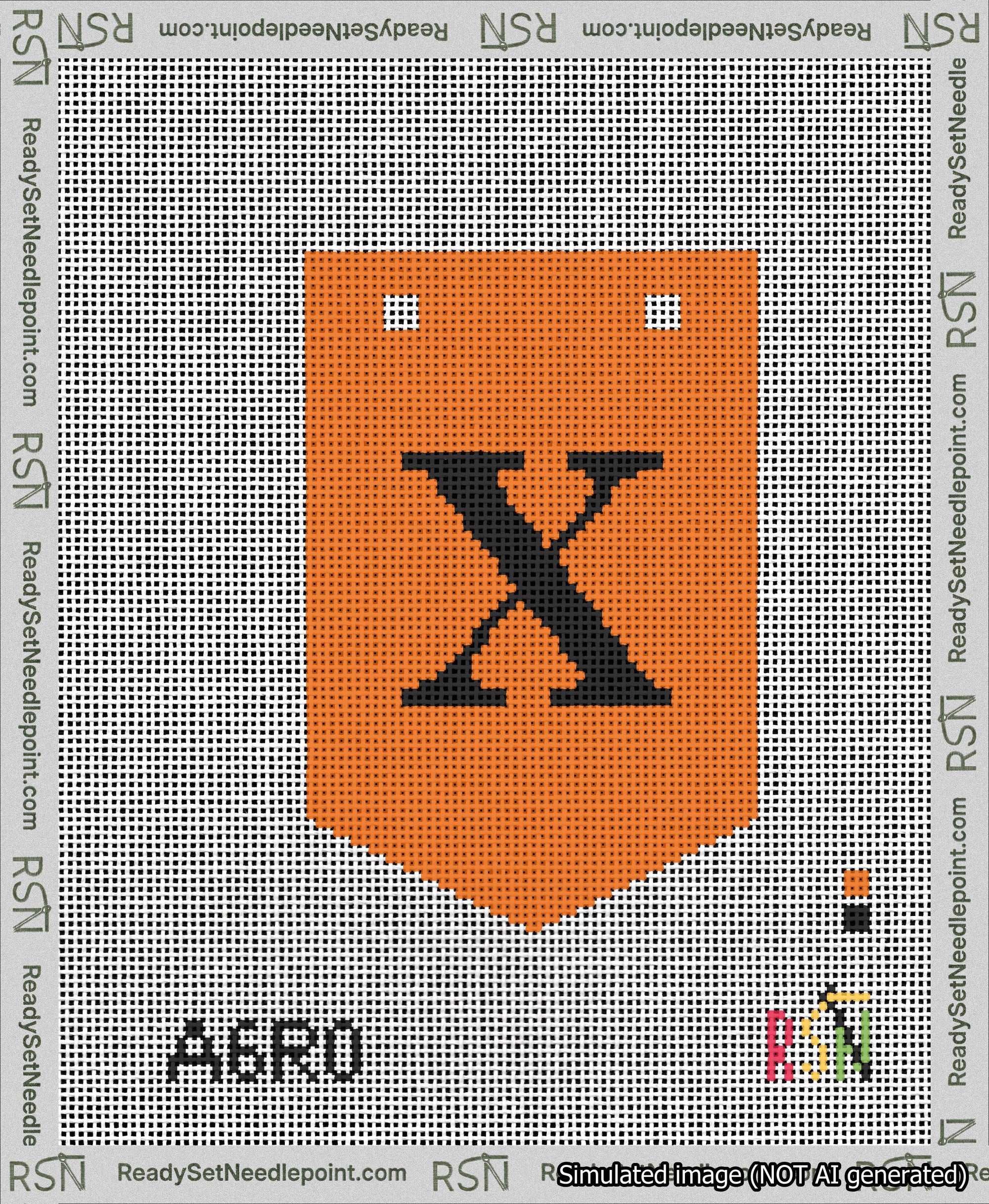 A taped needlepoint canvas with the design: Banner 13 mesh count Pointed X Black on Orange.