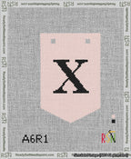 A taped needlepoint canvas with the design: Banner 13 mesh count Pointed X Black on Pink.