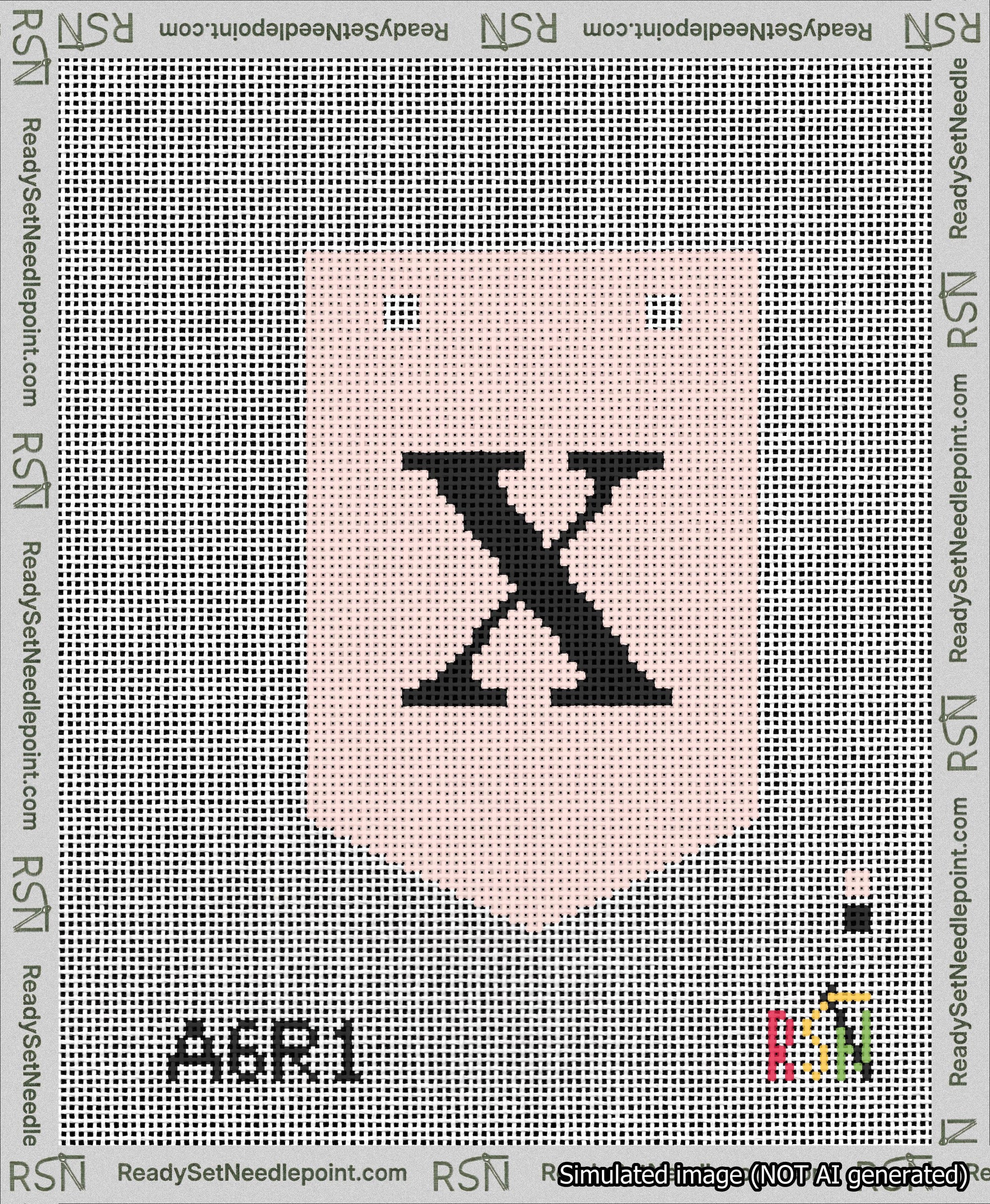 A taped needlepoint canvas with the design: Banner 13 mesh count Pointed X Black on Pink.