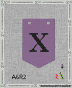 A taped needlepoint canvas with the design: Banner 13 mesh count Pointed X Black on Purple.