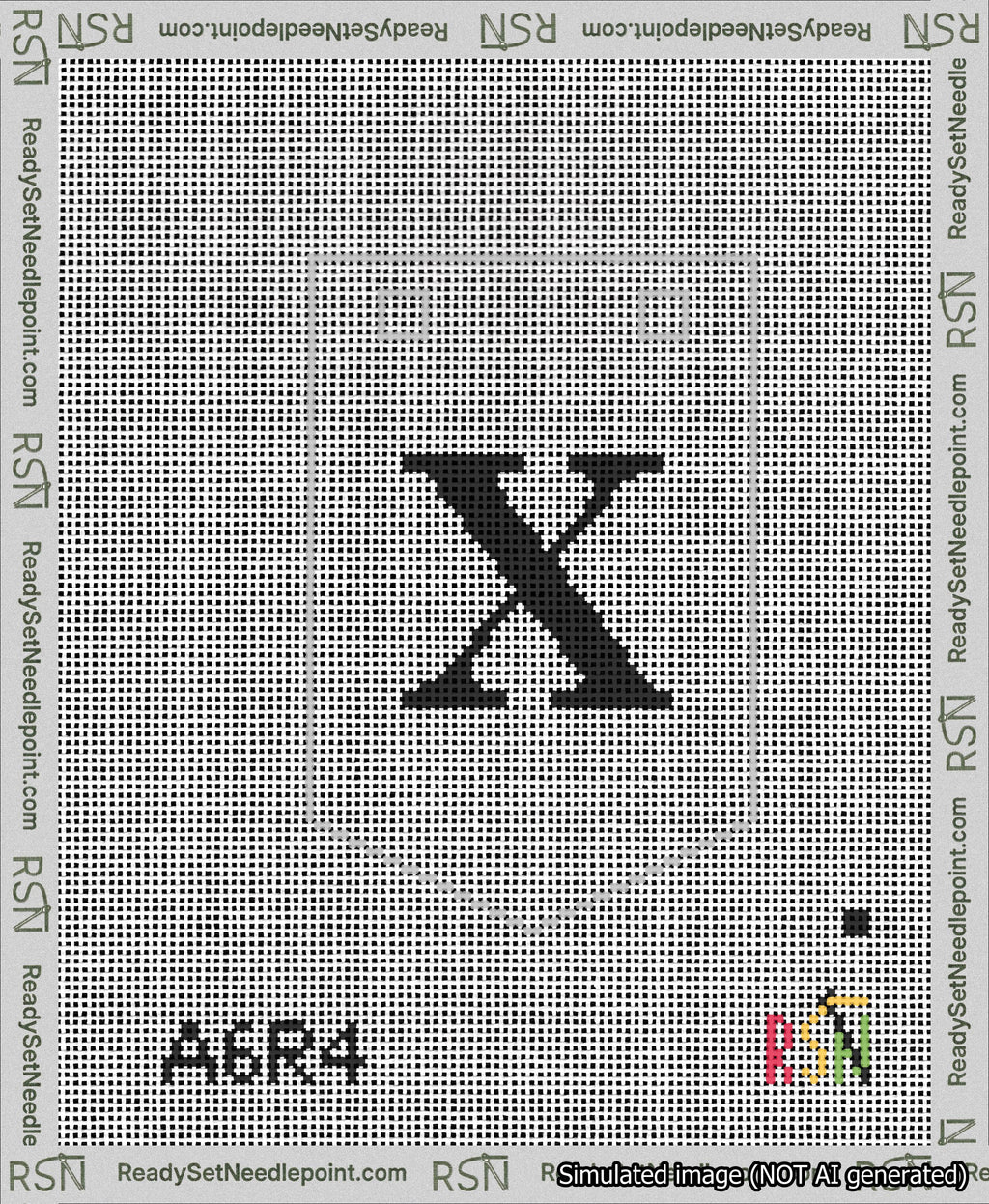 A taped needlepoint canvas with the design: Banner 13 mesh count Pointed X Black on White.