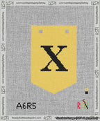 A taped needlepoint canvas with the design: Banner 13 mesh count Pointed X Black on Yellow.