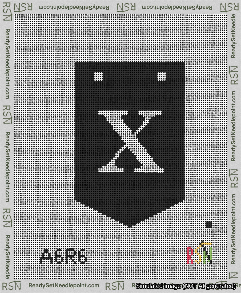 A taped needlepoint canvas with the design: Banner 13 mesh count Pointed X White on Black.