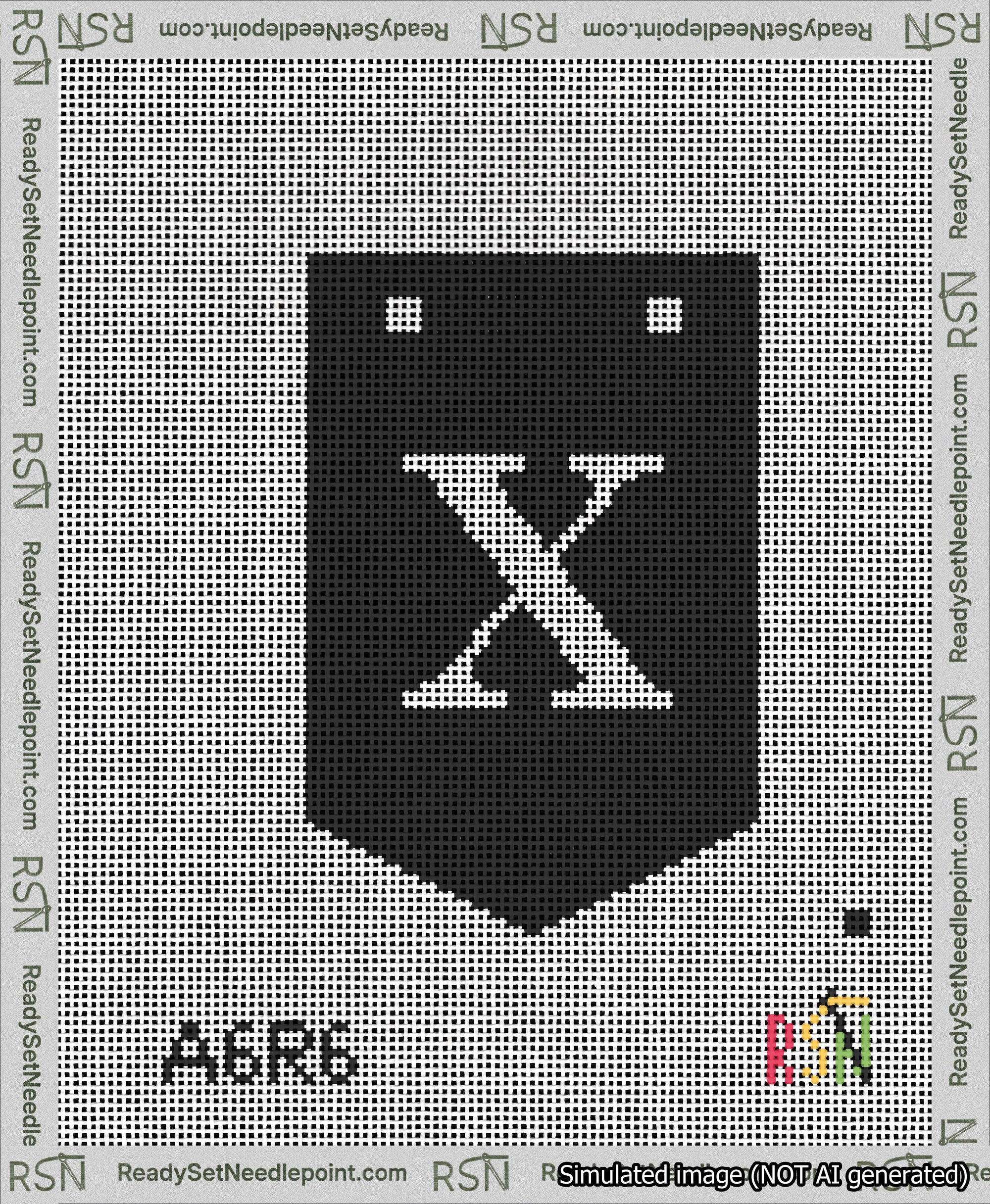 A taped needlepoint canvas with the design: Banner 13 mesh count Pointed X White on Black.