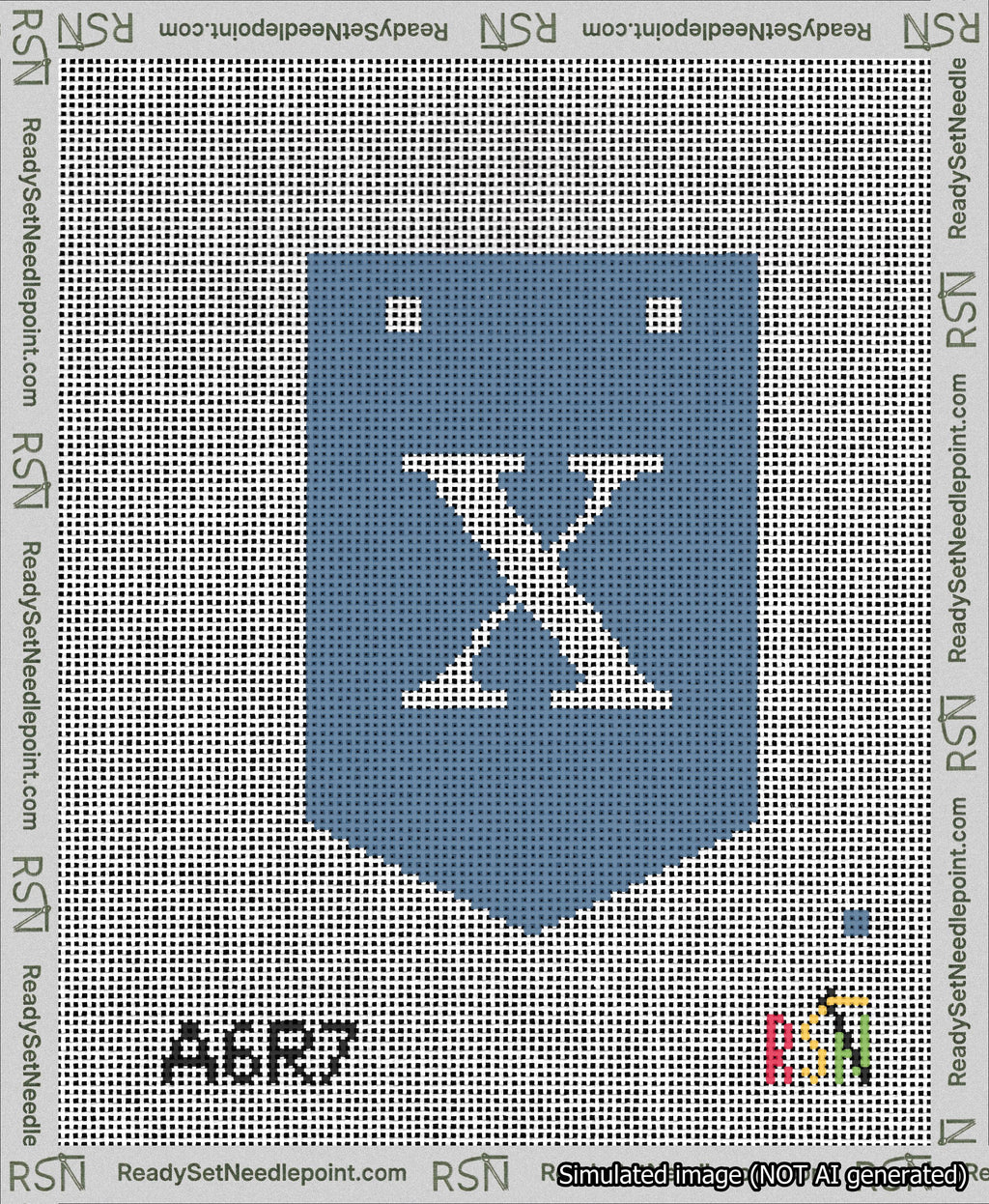 A taped needlepoint canvas with the design: Banner 13 mesh count Pointed X White on Blue.