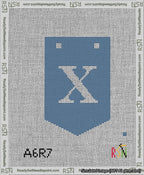 A taped needlepoint canvas with the design: Banner 13 mesh count Pointed X White on Blue.